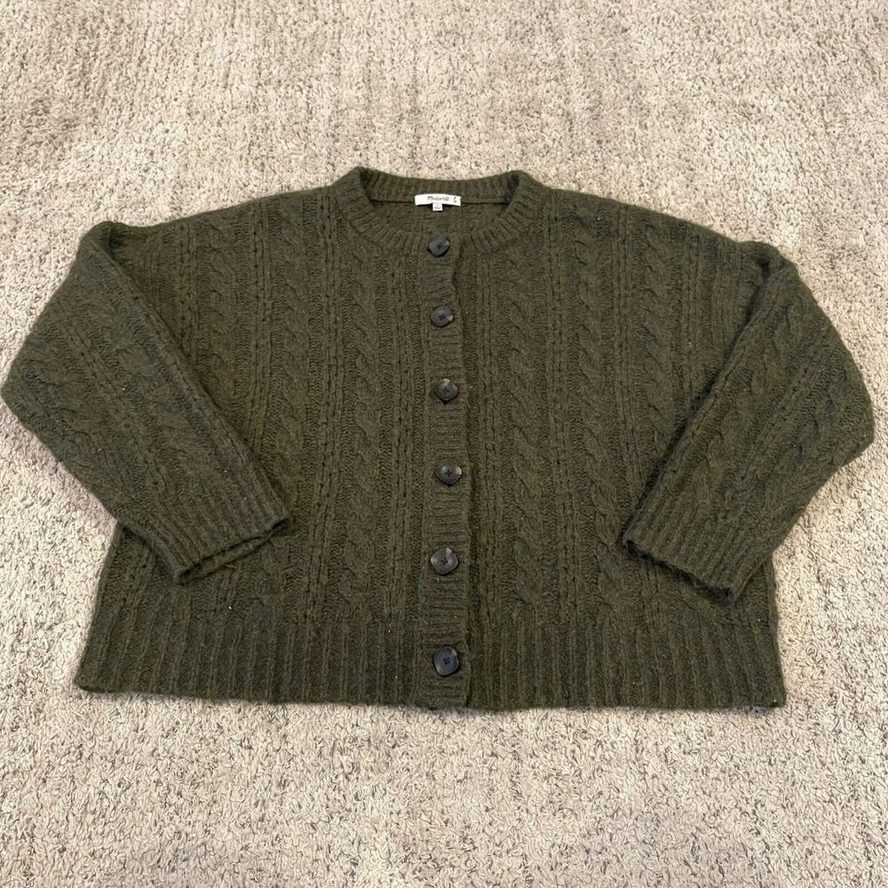 Madewell Women's Pointelle Cable Cardigan Sweater Green Wool Blend